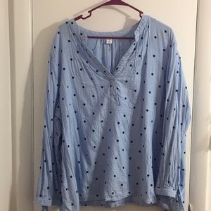 Blue polka dots long sl blouse